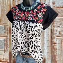 Blusa Vintage con estampado Floral de leopardo para mujer, camiseta informal de talla grande, camiseta de manga corta con cuello redondo, jersey de verano, camiseta Tanic 40 # 2024 - compra barato