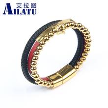 Ailatu Luxury Gold Color Crown Sets Bracelet DIY Stone Stainless Steel Beads Genuine Leather Combination Jewelry Men's Gift 2024 - buy cheap