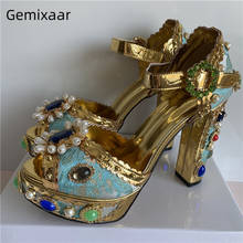 Luxury Embroidery Satin Diamond Sandals Women Jeweled Rhinestones High Platform Crystal Rivet Chunky Heel Summer Shoes 2024 - compre barato