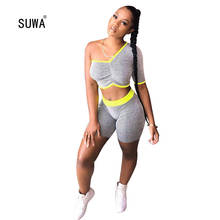 2020 Women Sets Summer Tracksuits Leisure Striped Sexy Off Shoulder Tops+Jogger Shorts Suit Two Piece Set Street Club Outfits 2024 - buy cheap