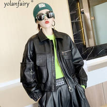 Yolanfairy coreano couro genuíno jaxket mulheres outono inverno casaco de pele carneiro feminino oversize motocicleta motociclista jaqueta 2021 kj6452 2024 - compre barato