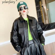 Yolanfairy coreano couro genuíno jaxket mulheres outono inverno casaco de pele carneiro feminino oversize motocicleta motociclista jaqueta 2021 kj6452 2024 - compre barato