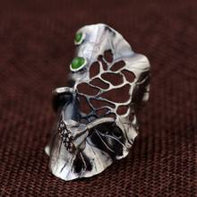 100% Real 990 Sterling Silver Big Lotus Leaf Ring for Women Men Vintage Green Stone Open Rings Party Fashion Jewelry Accessories 2024 - buy cheap
