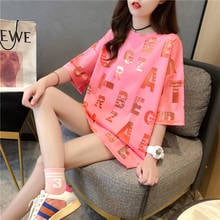 #2670 Summer Full Letter Printed Tee Shirts Women Cotton Casual Loose Tshirts Ladies Pink Yellow T Shirt Female Short Sleeve top 2024 - buy cheap