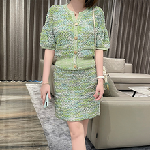 Mixed Green Hollow Out Top and Skirt 2 Piece Set 2021 Summer Puff Sleeve Knitted Cardigan + Short Step Skirt Suit Two Piece Set 2024 - buy cheap