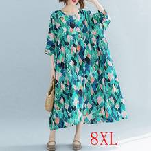 Large size dress summer new style 7XL 8XL bust 138CM cotton and linen short-sleeved round neck printing big swing fashion loose 2024 - buy cheap