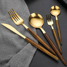 5PCS Gold Silver Stainless Steel Cutlery Set Metal Spoon Fork Knife Western Flatware Tableware Dinnerware with Wooden Handle 2024 - buy cheap