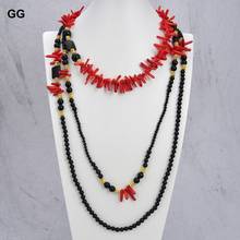 GuaiGuai-collar de ónix negro, joyería de 18 pulgadas, 3 filas, color rojo Coral 2024 - compra barato