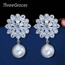 ThreeGraces New Christmas Best Gift Cute Snow Flower Cubic Zirconia Crystal Dangle Drop Pearl Earrings Jewelry For Ladies ER290 2024 - buy cheap