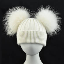 Baby Winter Hats Child Warm Crochet Beanie Kids Warm Girls Boys Lovely Wool Hat Real Raccoon Fur Two Pom Pom Cap 2024 - buy cheap