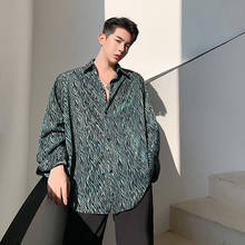 Korean Style Fashion Men's Green Black Leopard Long Sleeve Loose Casual Shirts For Hair Stylish Singer Tops Spring Summer 2024 - buy cheap