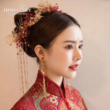 Himstory-acessório de cabelo em estilo chinês, cores ouro, libélula vermelha, presilha de cabelo, joias de casamento 2024 - compre barato
