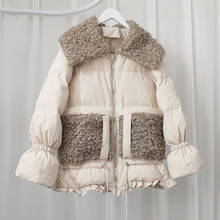 Fashion lambswool stitching ruffles thick warm fluffy down parkas female hit color warm duck down coat F690 2024 - buy cheap