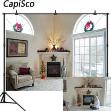 Capisco-Fondo de fotografía de Feliz Navidad, árbol de Navidad, ventana de invierno, chimenea, corona, accesorios de estudio fotográfico 2024 - compra barato