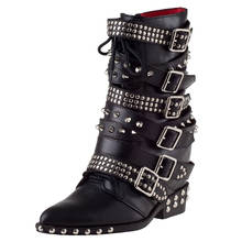 Western black ankle boots for women med thick platform punk Studded Martin boots leather bottine femme motorcycle woman shoes 2024 - buy cheap