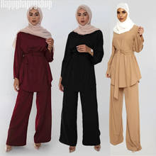 2 Pieces Sets Islamic Clothing Turkish Caual Long Tunic Tops Wide-Leg Trousers Muslim Party Abaya Kaftan Outfits 2024 - buy cheap