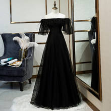 Evening Dresses Boat Neck Black Feathers Off the Shoulder Sleeves A-line Floor-length Plus size Customized Formal Dress R1335 2024 - buy cheap