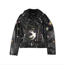 Crocodile pattern Short Slim Lapel pu leather jackets female Long Sleeve Bird pattern Embroidery Washed PU Leather Jackets F1534 2024 - buy cheap