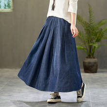 Free Shipping 2020 New Fashion Denim Summer Spring Blue Jeans Long Maxi Skirts Elasitc Waist Blue A-line Pleated Big Hem Skirts 2024 - buy cheap