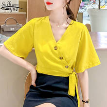 Camisa de chiffon de manga curta irregular, camisa de verão para mulheres, amarelo com decote em v, novo, 2021, blusa curta, 14112 2024 - compre barato