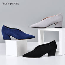 Sapatos de couro genuíno femininos, calçados de bico fino raso para escritório, moda feminina de salto largo 5 cabeças, primavera 2020 2024 - compre barato