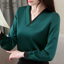 Blusa feminina de chiffon, blusa feminina de manga comprida para primavera, 2021, camisa de cor sólida com gola v para escritório 1755 e 50 2024 - compre barato