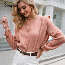 Simplee Cotton Solid V-neck Long Sleeve Women Casual Blouse Spring Summer Stitching Button Top Shirts Elegant Office Lady Blouse 2024 - buy cheap