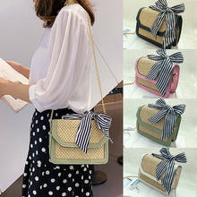 New Women Fashion Straw Shoulder Bag Bowknot PU Leather Chain Handbag Ladies Bag 2024 - buy cheap