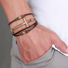 Cruz couro pulseiras & bangles para mulher masculino jóias tamanho pulseira de couro ajustável bohemia corda corrente 2024 - compre barato