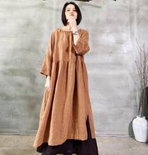 Женское льняное платье с длинным рукавом, повседневное свободное однотонное платье в винтажном стиле, осень 2020 2024 - купить недорого