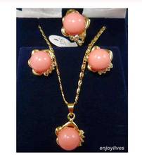 Juego de pendientes de anillo y collar con colgante de cristal, piedra amarilla, Coral rosa 2024 - compra barato