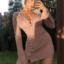 Minivestido Sexy ceñido al cuerpo para mujer, Vestido de manga larga con botones de perlas y cuello de pico, color marrón, Y2k, para otoño 2024 - compra barato