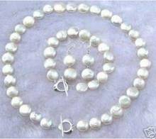 Fashion jewelry Free Shipping  NEW 11-12MM White Coin Pearl Necklace Bracelet Earring Set 18" 7.5" AAAHT 2024 - buy cheap