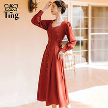 Tingfly-Vestido largo de fiesta Vintage victoriano, prenda elegante de primavera con cuello cuadrado, con cordones y botones, estilo Retro 2024 - compra barato