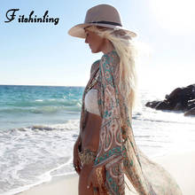 Fitshinling-Kimono de playa de gasa con estampado Floral para mujer, ropa de baño con agujeros, cárdigan largo Sexy, cubiertas bohemias para vacaciones 2024 - compra barato