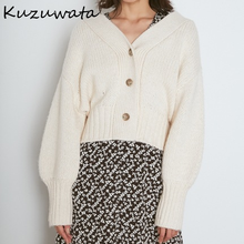 Kuzuwata novo simples doce solto feminino cardigan 2021 primavera decote em v único breasted casaco de malha casual design sólido blusas 2024 - compre barato