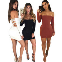 2019 Womens Dress Solid Autumn Long Sleeve Off-shoulder Hollow Bandage Night Club Party Dress 2024 - buy cheap