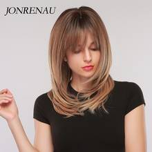 Jonrenau-Peluca de cabello sintético para mujer, cabellera de 23 pulgadas de largo, ondulado Natural, color rubio y marrón con flequillo, fibra resistente al calor 2024 - compra barato