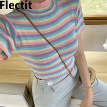 Flectit feminino arco-íris topo pastel listrado mock-neck rib malha manga curta colheita camiseta camiseta estética menina casual streeetwear * 2024 - compre barato