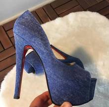Moraima Snc Denim Blue High Heel Shoes Sexy Peep Toe Platform Pumps Women Super High Jeans Heels Office Lady Fashion Shoes 2024 - buy cheap