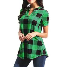 Women Shirt Summer Casual Women Summer fashion V Neck Color Block Plaid Print Short Sleeve Shirt Tunic Top Women's Clothing 2021 2024 - buy cheap