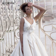 Wedding Dress Sleeveless Crystal Satin A-Line V-neck Bow Belt Backless Bride Gown 2021 BECHOYER RA09 Princess Vestido De Noiva 2024 - buy cheap