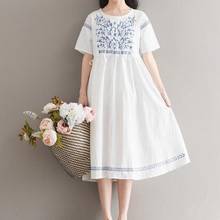 Mori Girl-vestido Midi bordado para mujer, ropa holgada de manga corta, de lino y algodón, de verano, DV430 2024 - compra barato