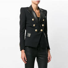 EXCELLENT QUALITY 2022 New Stylish Career Blazer for Women Double Breasted Lion Buttons Leather Collar Blazer Jacket 2024 - buy cheap