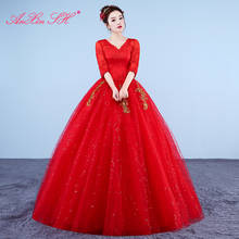 AnXin SH-vestido de boda de encaje rojo, de princesa, flor, fiesta vintage, cuello en v, vestido de bola de pavo, flor de encaje dorado, blanco 2024 - compra barato