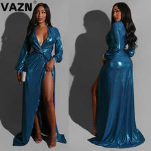 VAZN Solid Blue2020 Spring New Fashion Hot Sexy Women Office Skinny Floor Long Dress Open Shirt Sleeve High Street Bodycon Dress 2024 - buy cheap