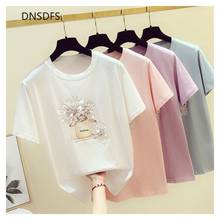 100% Pure Cotton T Shirt Women Short Sleeve Tops Fashion Korean Flowers Beading Sequined T Shirts Pink Top Summer New Print Tee 2024 - buy cheap