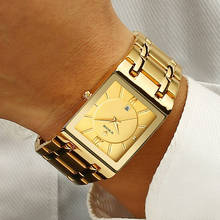 Relógio masculino wwoor dourado e quadrado, relógio de pulso impermeável com pulseira dourada e data 2024 - compre barato
