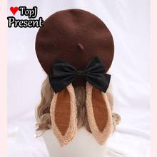 2021 New Fashion Women Soft Bow Elegant Berets Winter Warm Hat Harajuku Wool Beret Hat with Bunny ears 2024 - buy cheap