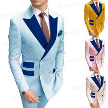 2021 Gold Button Blue Men Suit for Business Wear Jacket Custom Fashion Groom Wedding Suit Prom Tuxedo Blazer with Pants 2 Pieces 2024 - buy cheap